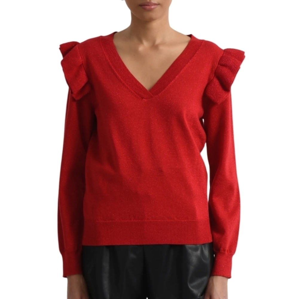 Molly Bracken Red V-Neck Sweater with Ruffled Shoulders